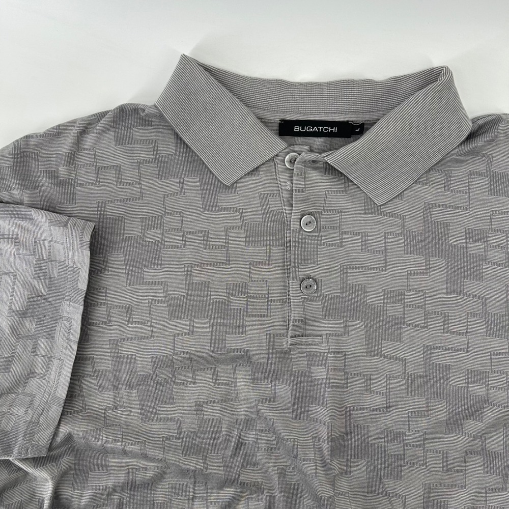 Bugatchi Polo Shirt Mens Large Grey Geometric Mercerized Cotton Short Sleeve